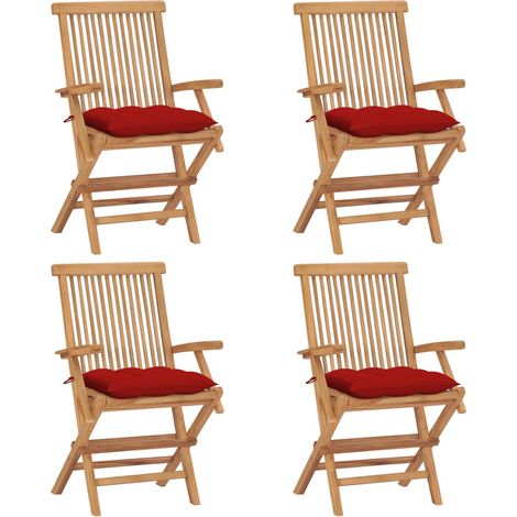 Chaises de jardin avec coussins rouge 4 pcs Bois de teck massif (1/5)