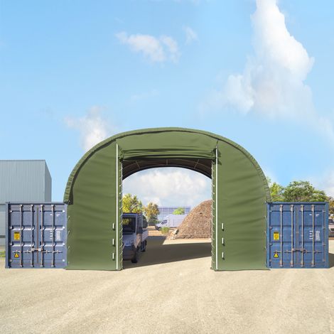 Frontwand für Container Überdachung 8m Breite mit Easy-up-Eingang, PRIMEtex 2300 PVC Plane, dunkelgrün (1/5)