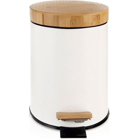 Poubelle À Pédale - Métal - 3 L - 22,5 X 17 X 25 Cm - Couvercle En Bambou - Insert Amovible - Blanche (1/5)