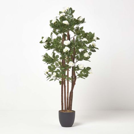 HOMESCAPES Artificial Potted White Rose Tree with Green Leaves
