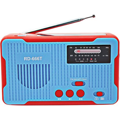 Radio d'urgence AM/FM à énergie solaire avec manivelle, sirène et lampe torche, fonctionne sur piles, bleue. (1/5)