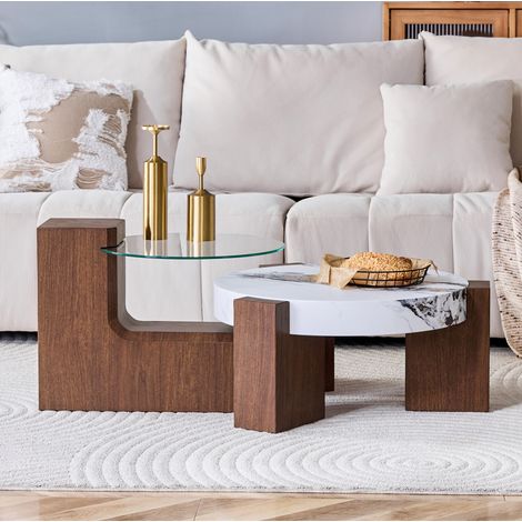 Lot de 2 tables basses rondes 61x61x30 cm noyer et blanc en MDF et verre avec design gigogne (1/5)
