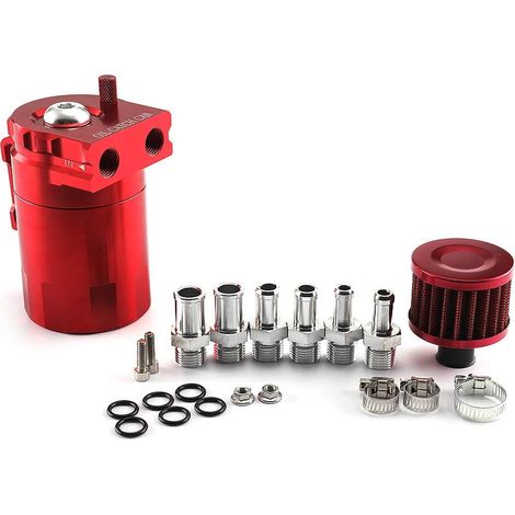 Récupérateur huile moteur, universel oil catch can, récupération des vapeurs d'huile moteur en aluminium de 300ml, avec filtre à air, tuyau et autres accessoires (Rouge) (1/4)