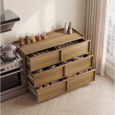 Kommode 115x48x78 cm Eichefarben aus MDF und Holzwerkstoff mit 6 Schubladen und Kippschutz (1/5)