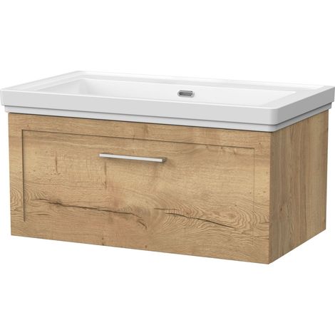 Stonnall Traditional Wall Hung 1 Drawer Vanity Unit with Traditional 0 Tap Hole Fireclay Basin, 800mm, Autumn Oak