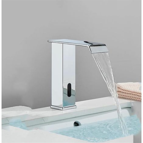 Schwarze Sensor-Waschtischarmatur, automatische Sensor-Badarmatur, berührungslose Wasserfallarmatur, Mischbatterie für Warm- und Kaltwasser (1/5)