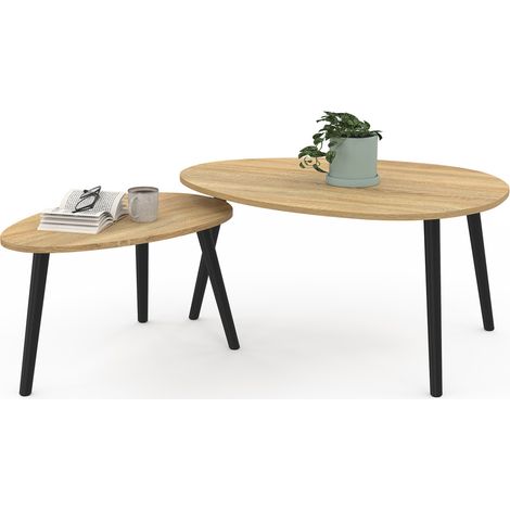 Idmarket – Lot de 2 tables basses gigognes en MDF – Style scandinave – Bois et pieds noirs – Dimensions 80x60x40cm et 60x38x34cm