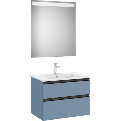 Pack meuble "The Gap" 700 - 2 tiroirs + lavabo slim + miroir LED - bleu mat/ poignées noires - Roca (1/2)