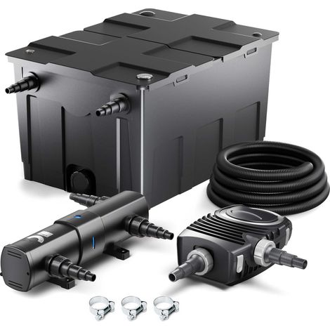 Wiltec Komplettset: CBF-550 Teichfilter bis 60000 L Teichfilteranlage Durchlauffilter, NEO8000 Teichpumpe 8000l/h 70W, CUV-224 Teichklärer 24W, 10m Teichschlauch 38 mm, Schlauchschellen W1 44-47mm (1/5)