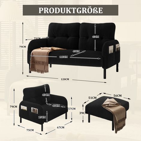 Ensemble velours côtelé: 3 fauteuils + tabouret + canapé 2 places,cadre acier,siège profond,modulaire combinable pour salon,noir. (1/5)