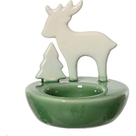 Kaemingk – Photophore de Noël cerf et sapin vert et blanc, Ø 8,5 x 9 cm, porcelaine