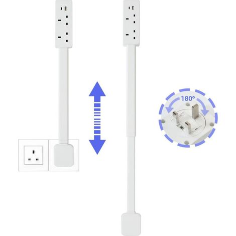 Irovami – Rallonge de multiprise extensible 49,5-71,5 cm – Prises secteur + USB-A/USB-C – Rotation 180° – Pour canapé, chevet, bureau – Norme britannique – Blanc (1/5)