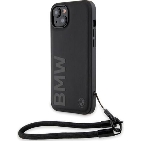 Coque rigide noire BMW BMHCP15M23RMRLK pour iPhone 15 Plus / 14 Plus 6,7" avec cordon en cuir à logo et signature.