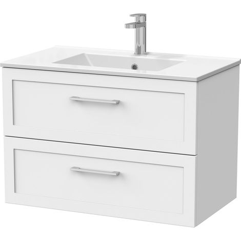 Stonnall Traditional Wall Hung 2 Drawers Vanity Unit with Minimalist Ceramic Basin, 800mm, Matt White (1/4)