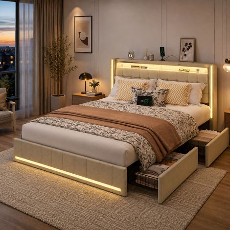Lit 140x190 cm avec LED et chargement USB Type C, Lit double avec 4 tiroirs, Lit rembourré, Sommier à lattes, lin beige, matelas non inclus (1/5)