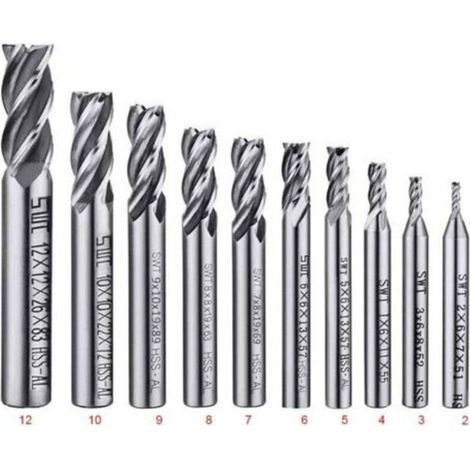 Lot de 10 forets à 4 cannelures - de 2 à 12 mm Fraise en Bout- Ensemble de forets à tige droite HSS CNC pour perceuse - Ensemble d'outils pour bois, aluminium, acier et titane
