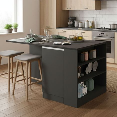 Dmora - Isla de cocina Osvaldo, mueble de cocina de 2 puertas, mesa auxiliar de almacenaje, 100% Made in Italy, 160x90h90 cm, Antracita y Pizarra, con embalaje reforzado (1/5)