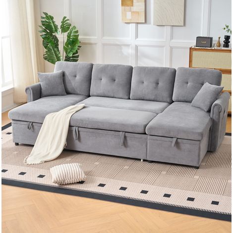 OKWISH Sofá esquinero en U con función cama y almacenamiento de chenilla gris (1/5)
