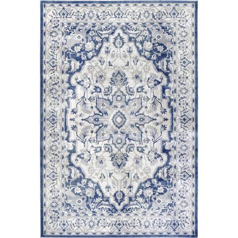 Tapis d'orient 160 x 235 cm motif oriental, bleu, beige, gris, structure dense et originale, confort tissé