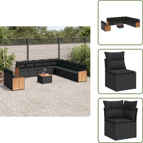 The Living Store 12-tlg. Garten-Sofagarnitur mit Kissen Schwarz Poly Rattan - Gartenmöbel Set - Rattan Möbel - Outdoor Lounge - Esstisch Set - Balkonmöbel