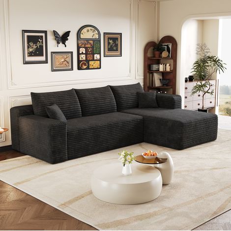 Canapé d'angle 241 cm noir en tissu côtelé sans montage avec assise profonde (1/5)