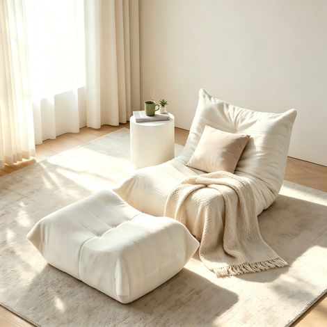 Canapé-Pouf bouclette – Ensemble fauteuil + repose-pieds rembourré mousse haute résilience – Dimensions 180 × 125 cm – Sans montage – Multi-usages pour salon et chambre – Beige (1/5)
