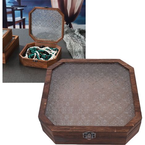 Boîte de rangement vintage en bois, élégante boîte à bijoux avec couvercle en verre et motif de bégonia, grande capacité, idéale pour la maison. (1/3)