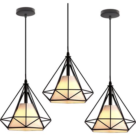 Lampada a Sospensione, Plafoniera Vintage con Gabbia di Ø25cm Diamante, Illuminazione E27 per Soggiorno Sala da Pranzo Taverna Nero 3PCS (1/5)