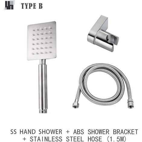 (B avec support ABS) Douchette à main en acier inoxydable brossé, ensemble de douche de salle de bain avec support et flexible, pommeau de douche mural (1/5)