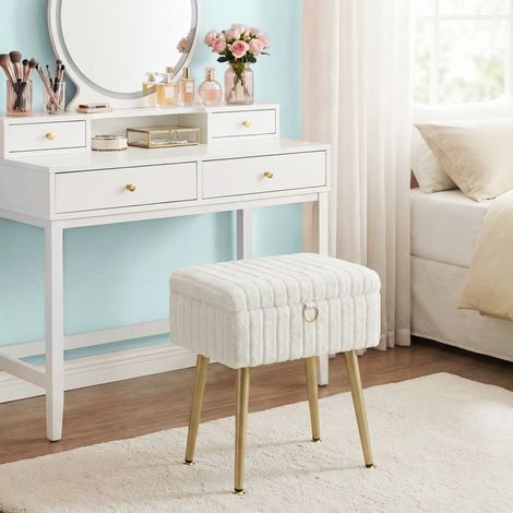 Tabouret de Coiffeuse, Rembourré avec Rangement, Tabouret Réglable en Métal, pour Chambre ou Salon, Blanc (1/5)