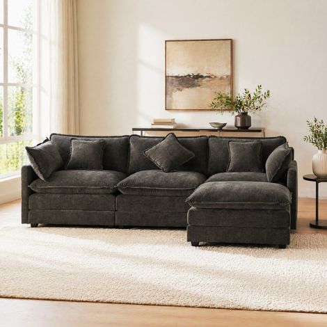 Sofá chaise longue de chenilla gris oscuro 283 cm OKMYHOME (1/5)