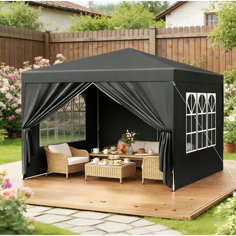 Gazebo pieghevole 3x3 m regolabile 250/254/258 cm con pannelli laterali, 2 porte con cerniera, Oxford antracite (1/4)