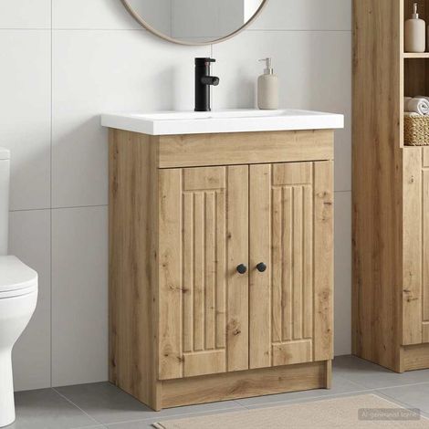 Ensemble meuble de salle de bain avec lavabo et robinet, bois d’ingénierie, chêne artisanal, 40.76kg - PANGIVO (1/5)