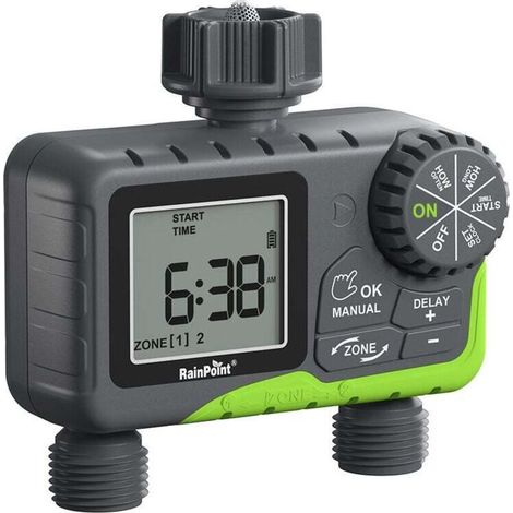 RAINPOINT Minuterie d'eau pour tuyau d'arrosage, système d'irrigation auto, 2 zones de retard de pluie, arrosage manuel. (1/3)