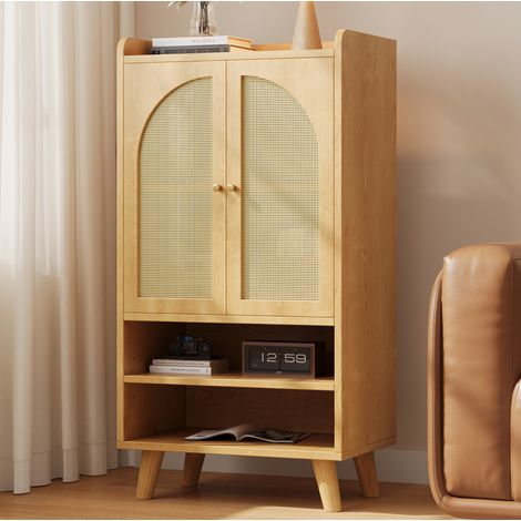 Aparador de ratán con 2 puertas y 2 nichos abiertos, 60 x 40 x 121 cm, madera natural (1/5)