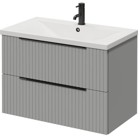 Helix 460 Fluted Pebble Grey 800mm Wall Mounted 2 Drawer Vanity Unit with Glide Basin