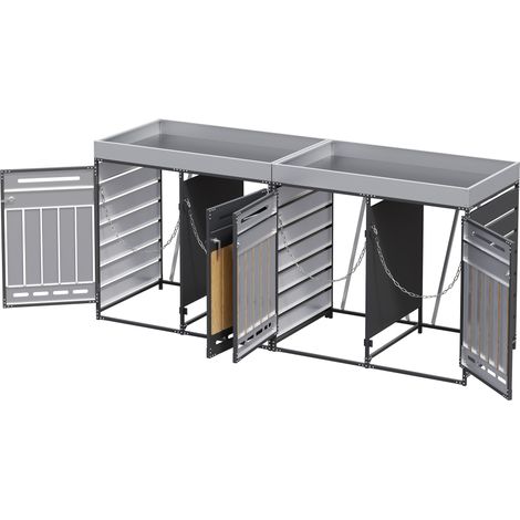 Mueble cubre cubos de basura de 4 compartimentos con macetero, metal negro (1/5)