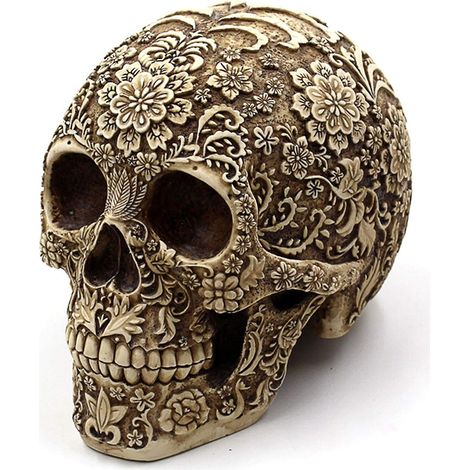 JSSEVN - Escultura de calavera y flor de 20,6 cm, estatua de esqueleto, decoración de Halloween para interiores, calavera humana, calavera humana anatómica falsa (1/5)