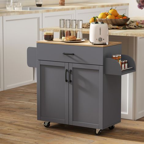 Isola da cucina con ruote, cassetto, mobiletto con ante, portasciugamani e portaspezie, 105x36x85 cm, grigio