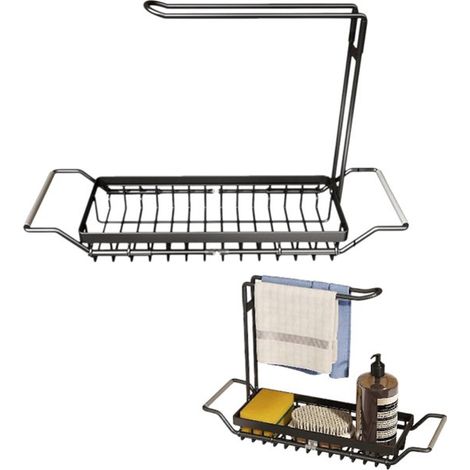 Porte-éponge extensible en acier inoxydable, étagère de rangement pour évier et cuisine, pour éponges, torchons et petits accessoires, noir (1/5)