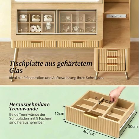 Table de maquillage avec grand miroir éclairé et rangements ajustables effet bois jaune (1/5)