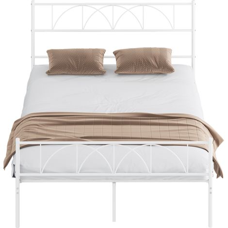 HOMCOM cama matrimonio, 140x190 cm, estructura de cama de acero con cabecero, soporte de listones de acero, almacenamiento bajo la cama, blanco