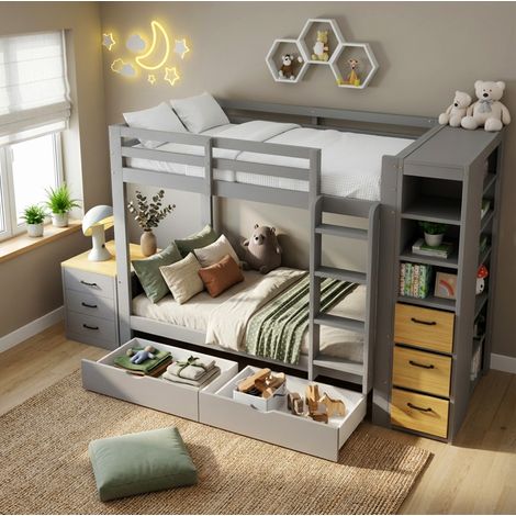 Litera 90x200 cm gris con cajones bajo cama, estantería lateral y mesita móvil de madera y MDF para dormitorio infantil o juvenil compartido – CHICFURN (1/5)