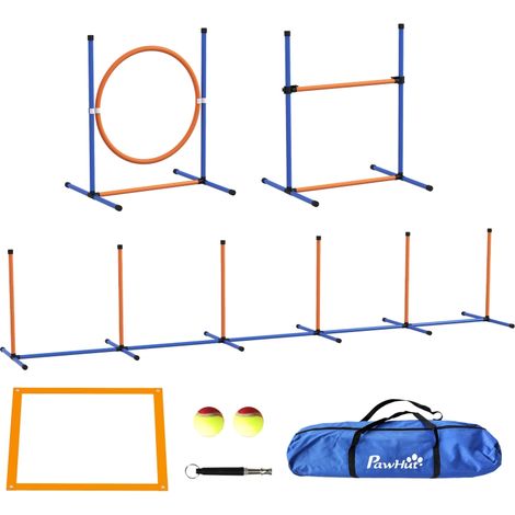 Parcours d'agilité chien obstacles 1 pneu 1 haie 1 slalom 352x66x69 cm bleu rouge