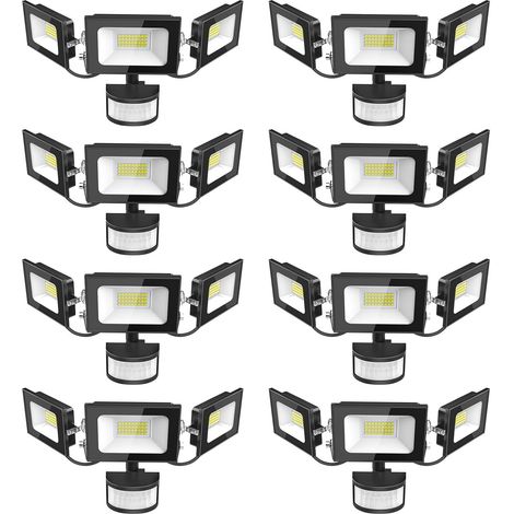 Projecteur LED Détecteur de Movement - 100W 10000LM Ultra Lumineux 3 Tête Spot LED Extérieur, IP65 Etanche Éclairage de Sécurité Extérieur PIR pour Cour Porche Jardin Garage, 8 Pack