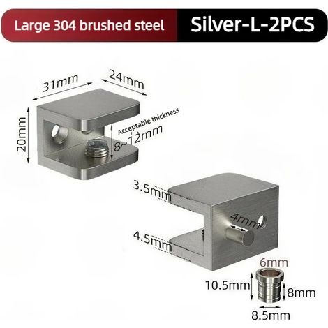 (Silver-L-2PCS) 2 charnières actives pour porte vitrée, pivotement à 90°, acier inoxydable 304, accessoires pour verre, pinces de fixation pour moustiquaire, axe supérieur et inférieur (1/5)