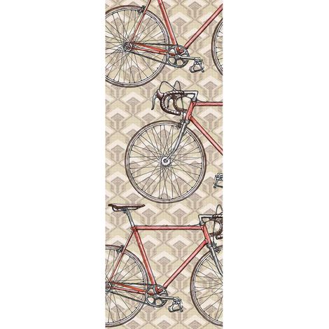Papier peint panoramique beige et rouge design | Tapisserie panoramique chambre ado et salon | Papier peint panoramique restro à motifs vélo - 280 x 100 cm (1 pièce) (1/2)