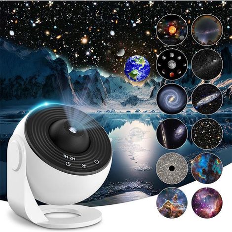 Projecteur Planétarium 360° rotatif 13-en-1, veilleuse ciel étoilé avec lune, nébuleuse et système solaire, lampe de projection pour plafond, ambiance cosmique (1/4)