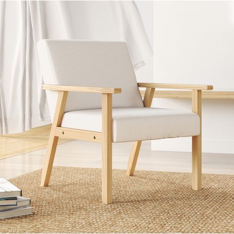 Sillón 64x70x72 cm blanco crema en lino con cojines y estructura de madera (1/5)
