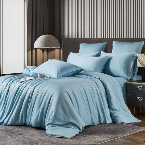 Parure de lit en bambou 135 x 200 cm - Bleu ciel - Pour l'été - Rafraîchissante - En 100 % bambou - Housse de couette et légère - Avec fermeture éclair et 1 taie d'oreiller de 80 x 80 (1/5)